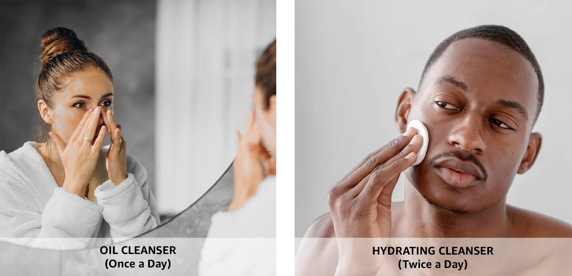 DOUBLE-CLEANSE-SKINCARE-ROUTINE - woman cleansing face with oil cleanser and man cleansing face with hydrating cleanser and a cotton pad