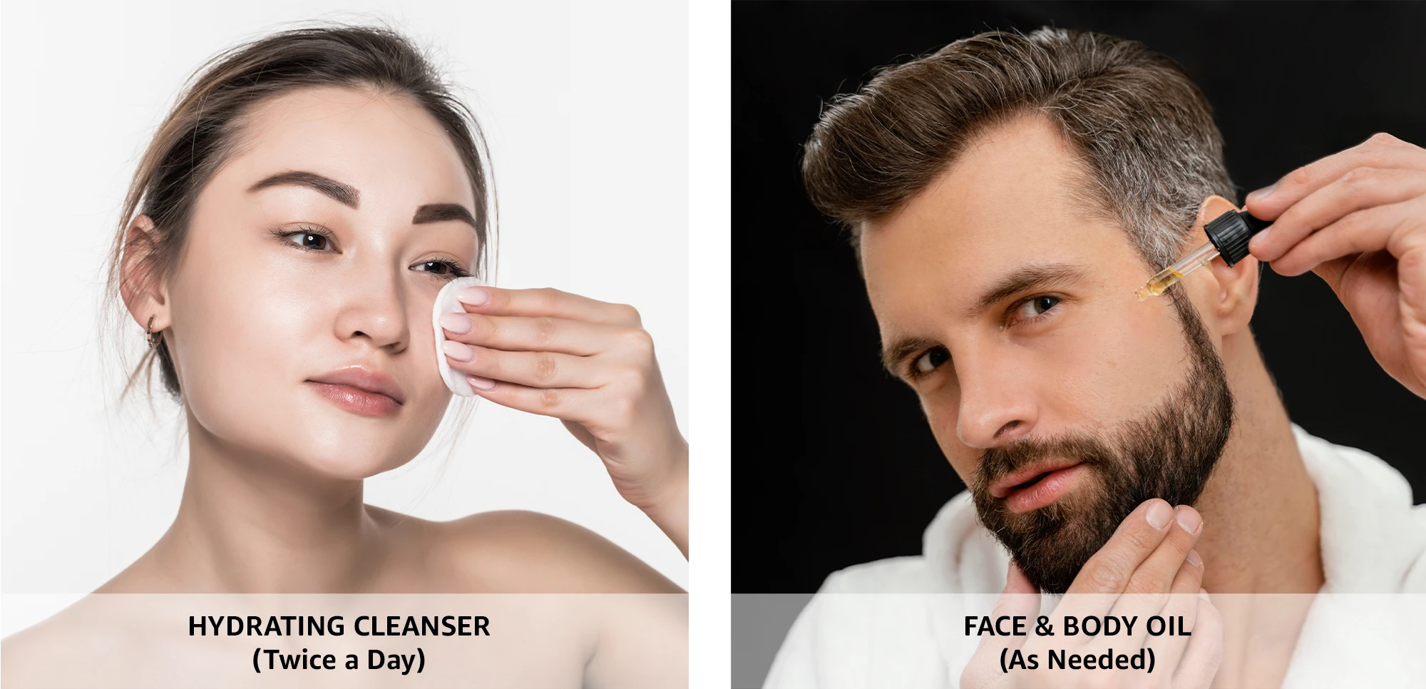 DRY-SKIN-STARTER-KIT-SKINCARE-ROUTINE - woman cleansing with hydrating cleanser using a cotton pad and a man adding oil to his face and beard with an oil dropper