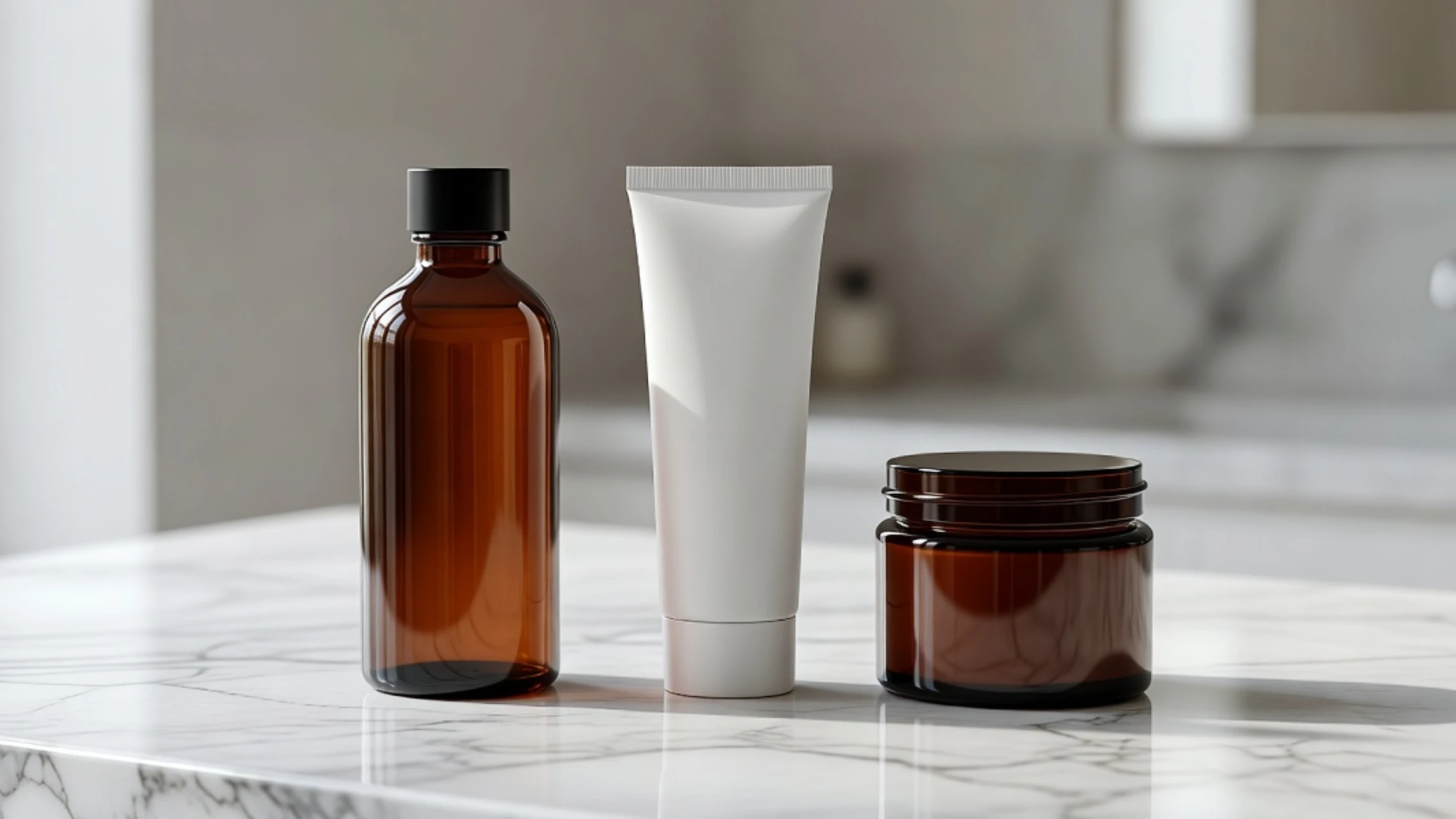 A minimalist skincare routine display featuring a clean, unbranded amber bottle, an amber jar, and a white tube on a countertop representing skinimalism