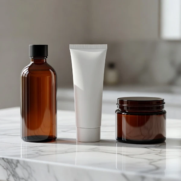 A minimalist skincare routine display featuring a clean, unbranded amber bottle, an amber jar, and a white tube on a countertop representing skinimalism