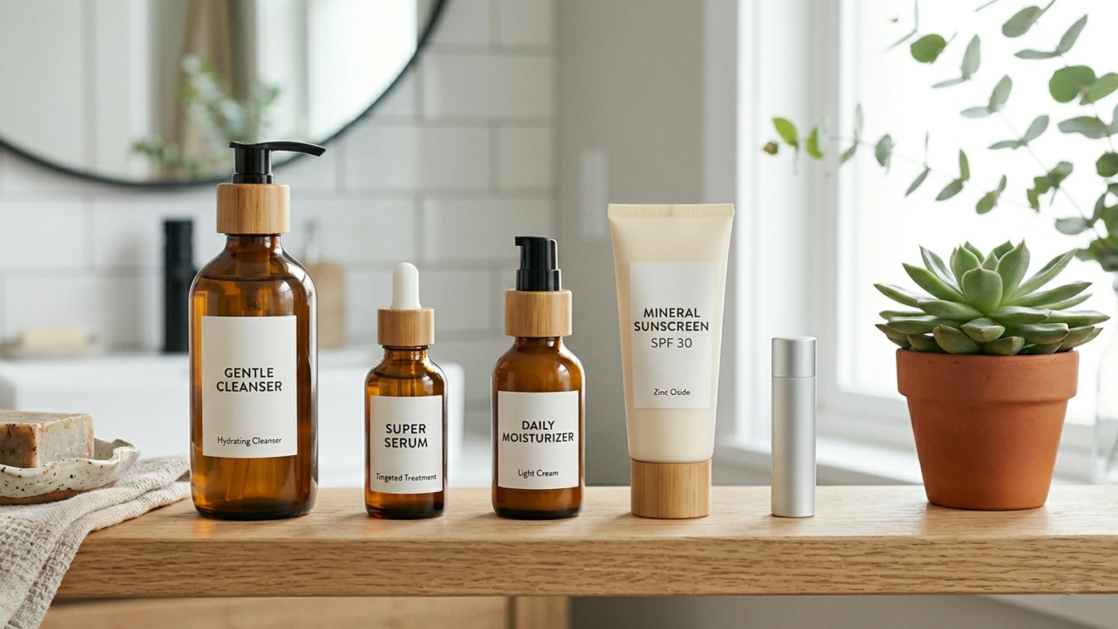 A beautifully styled bathroom shelf featuring a complete daily skincare routine with a cleanser, moisturizer, serum, sunscreen, and lip balm on a neutral background