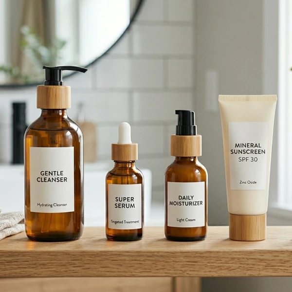 A beautifully styled bathroom shelf featuring a complete daily skincare routine with a cleanser, moisturizer, serum, and sunscreen on a neutral background