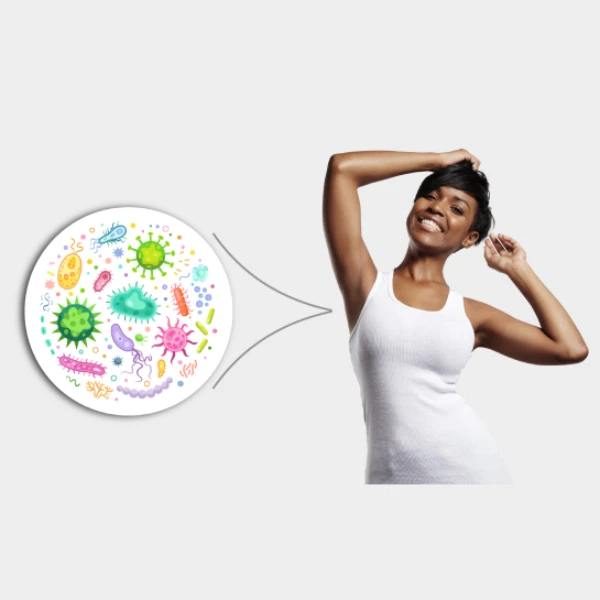 Microscopic view of skin bacteria microbiome representation connected to a woman showing underarm area.