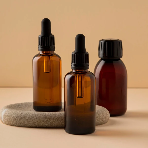 Three amber glass dropper bottles with minimalist skincare oils on a neutral beige background.