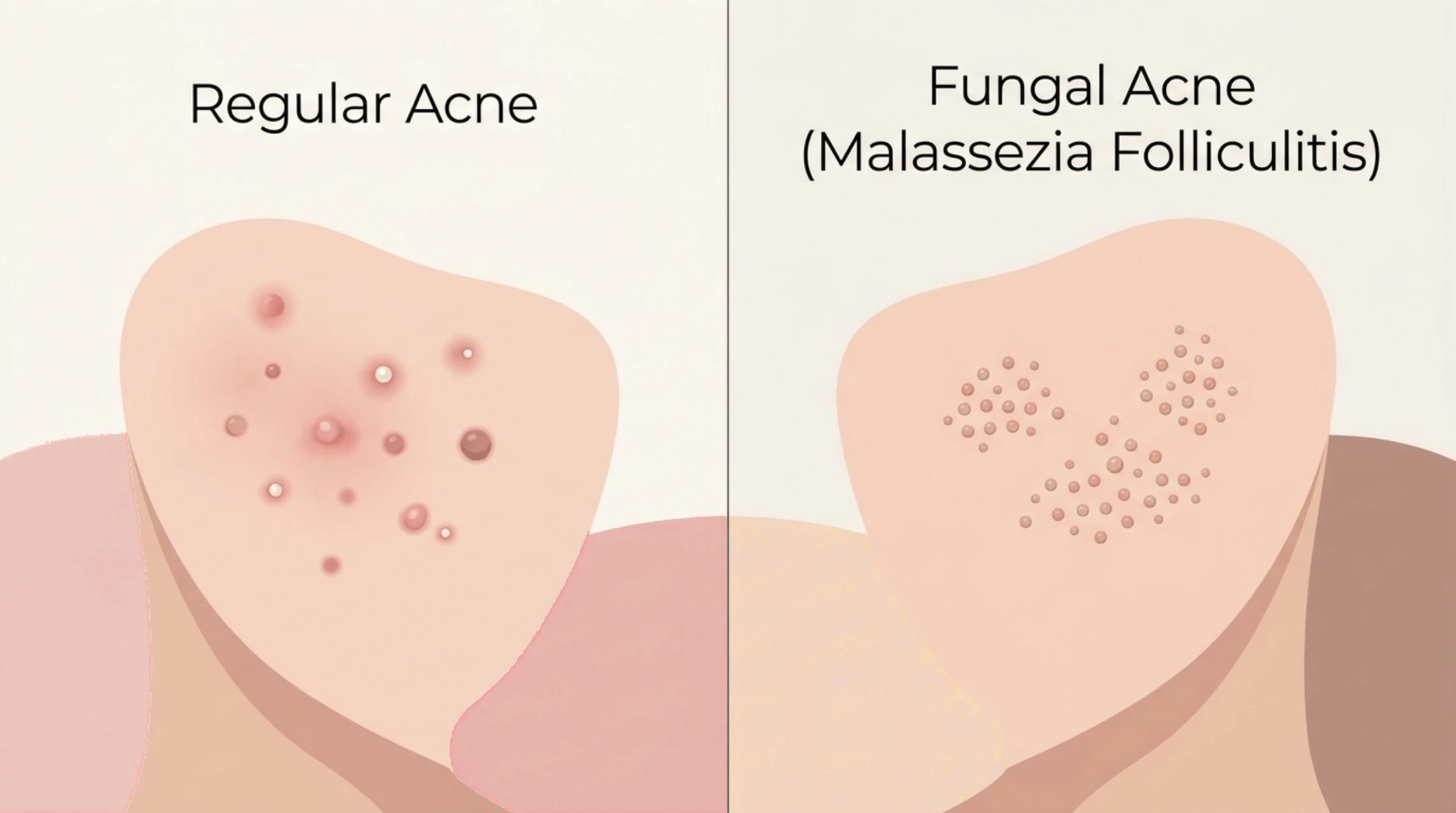 Diagram comparing regular acne with mixed blackheads and whiteheads vs fungal acne malassezia folliculitis showing uniform clustered bumps.