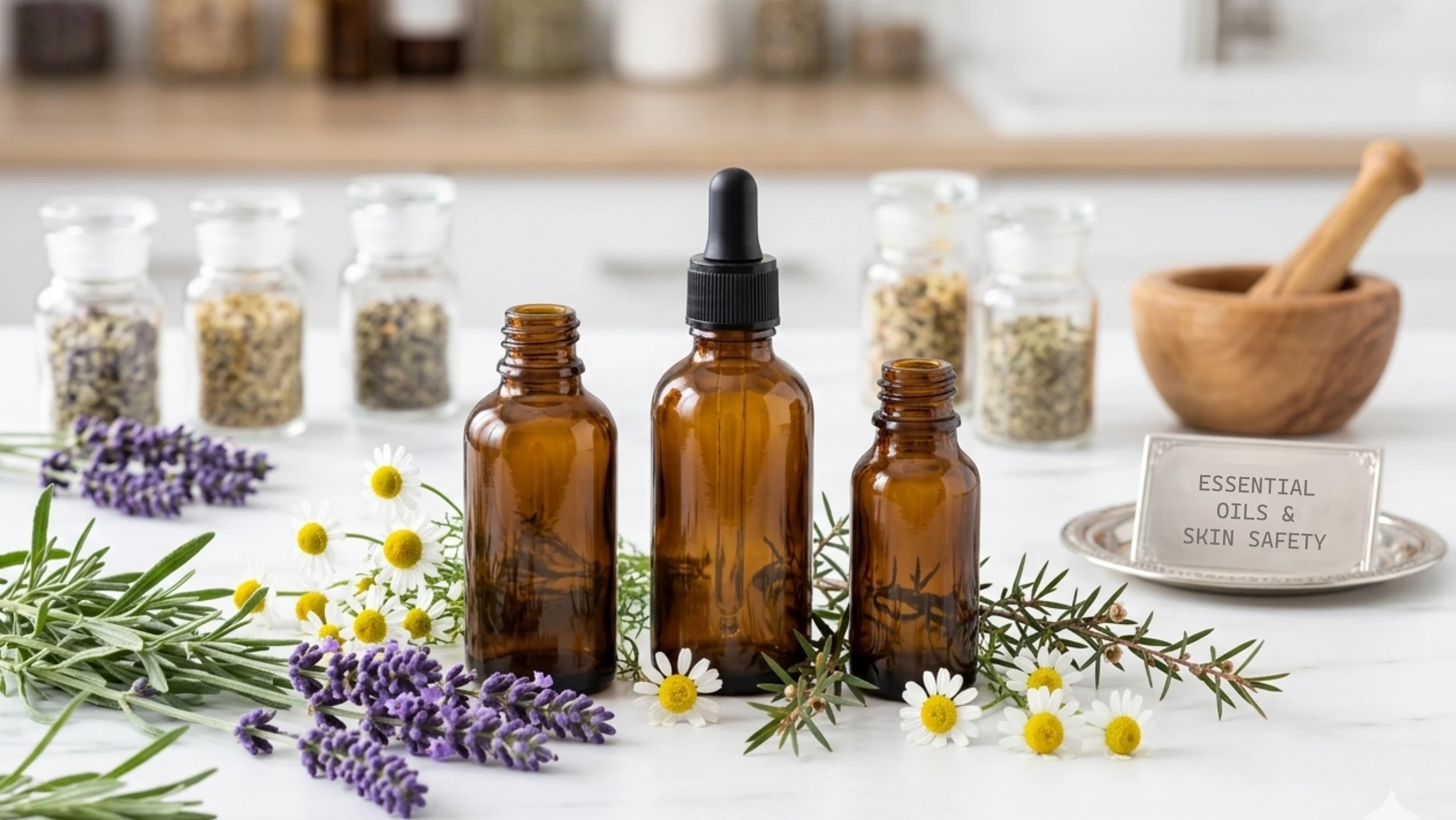 mber glass dropper bottles on a marble surface with fresh lavender sprigs and chamomile flowers.