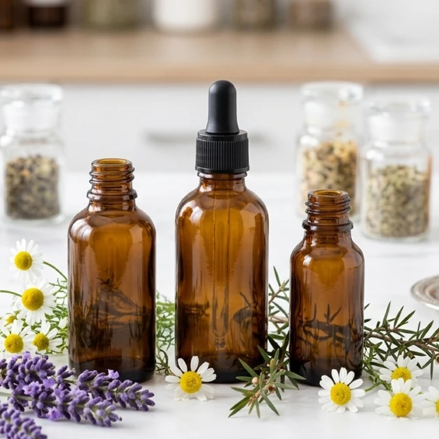mber glass dropper bottles on a marble surface with fresh lavender sprigs and chamomile flowers.